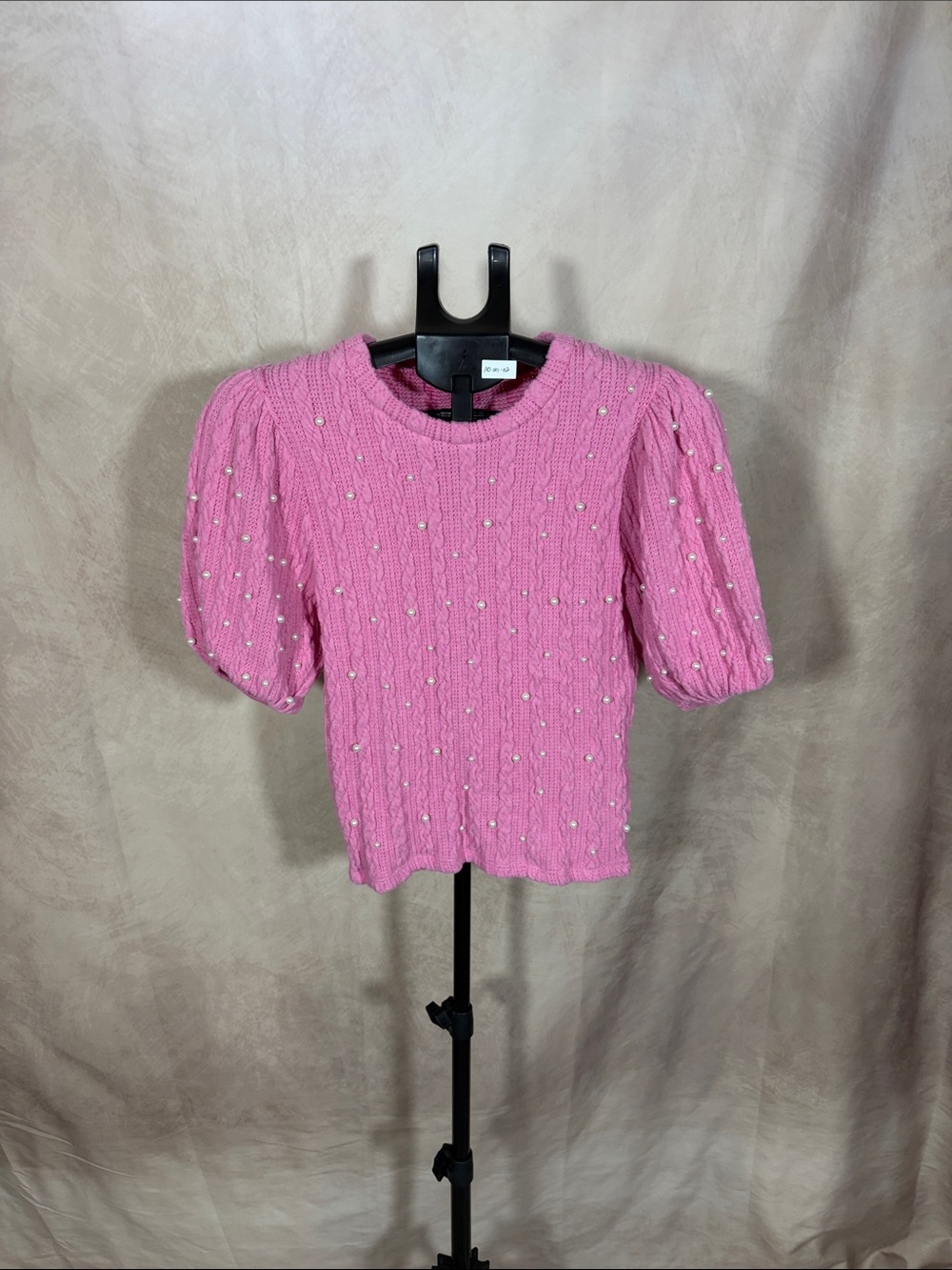 Zara Pink Pearl-Embellished Cable Knit Puff Sleeve Top